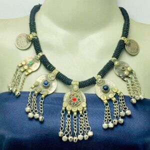 Black Beaded Necklace With Dangling Coins Pendants, Tribal Handmade Bells Neckla